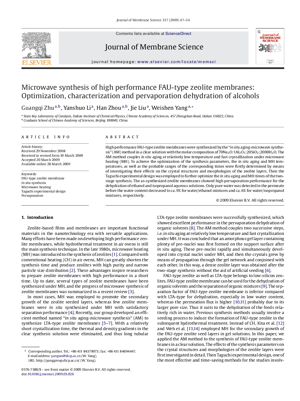 Microwave synthesis of high performance FAU-type zeolite membranes: Optimization, characterization and pervaporation dehydration of alcohols