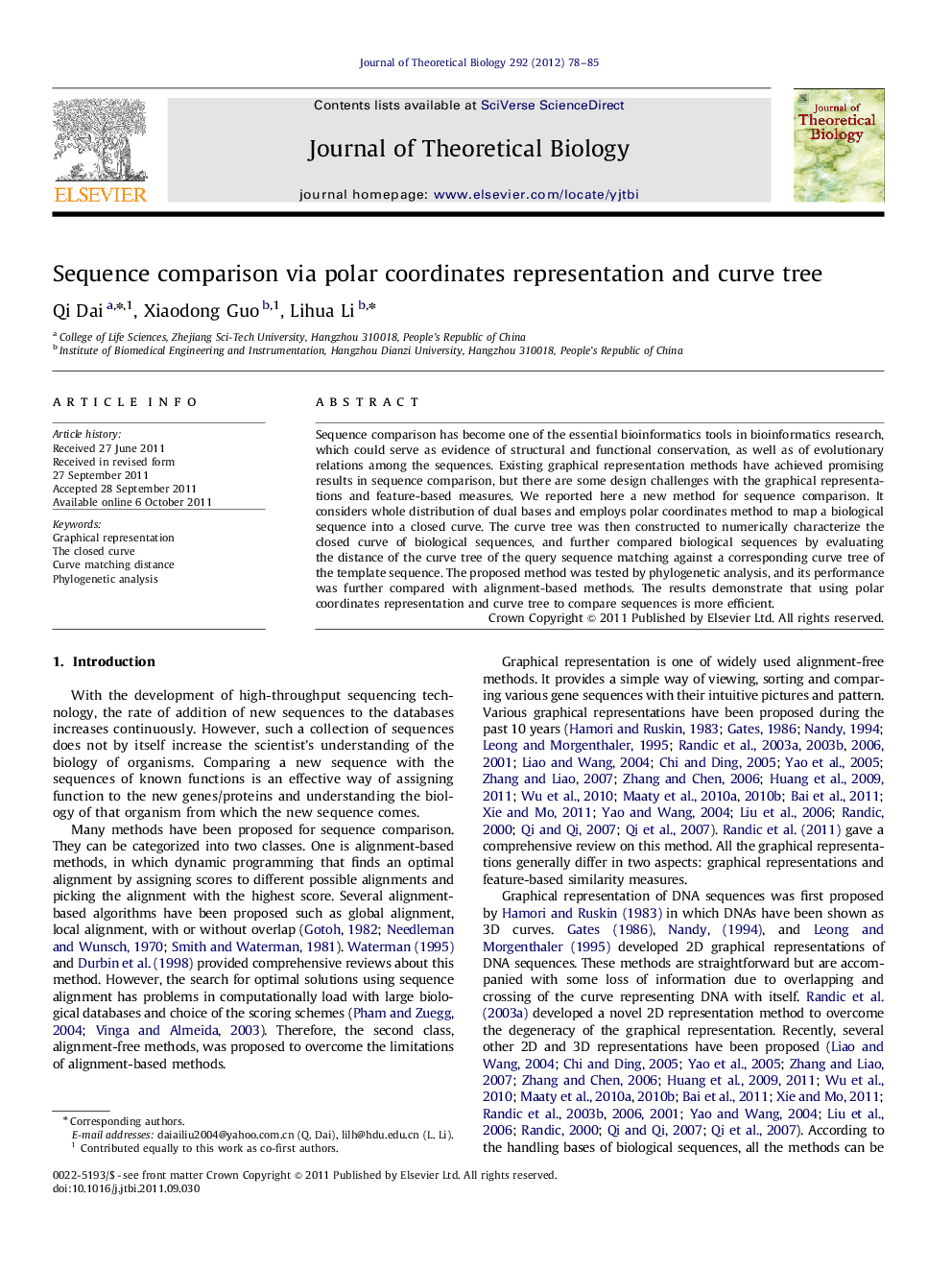 Sequence comparison via polar coordinates representation and curve tree