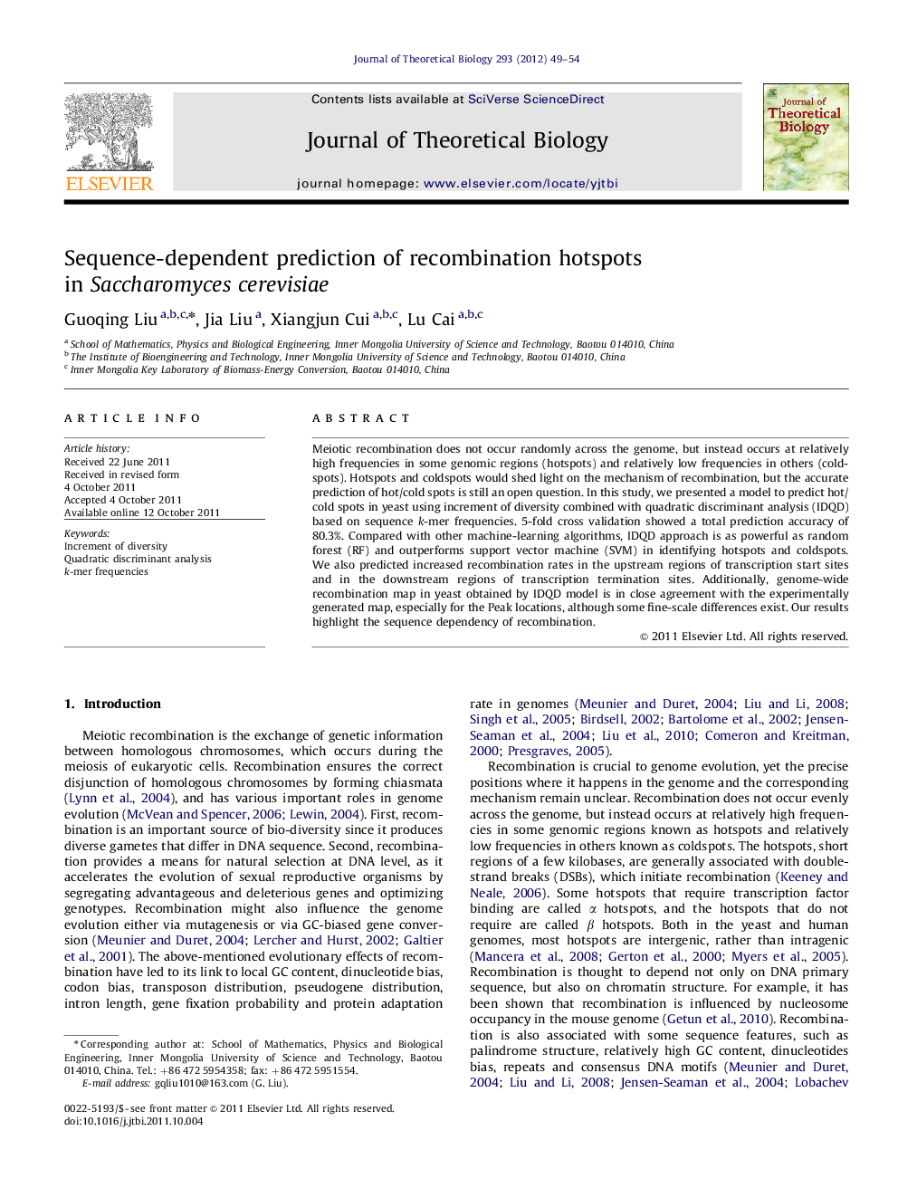 Sequence-dependent prediction of recombination hotspots in Saccharomyces cerevisiae