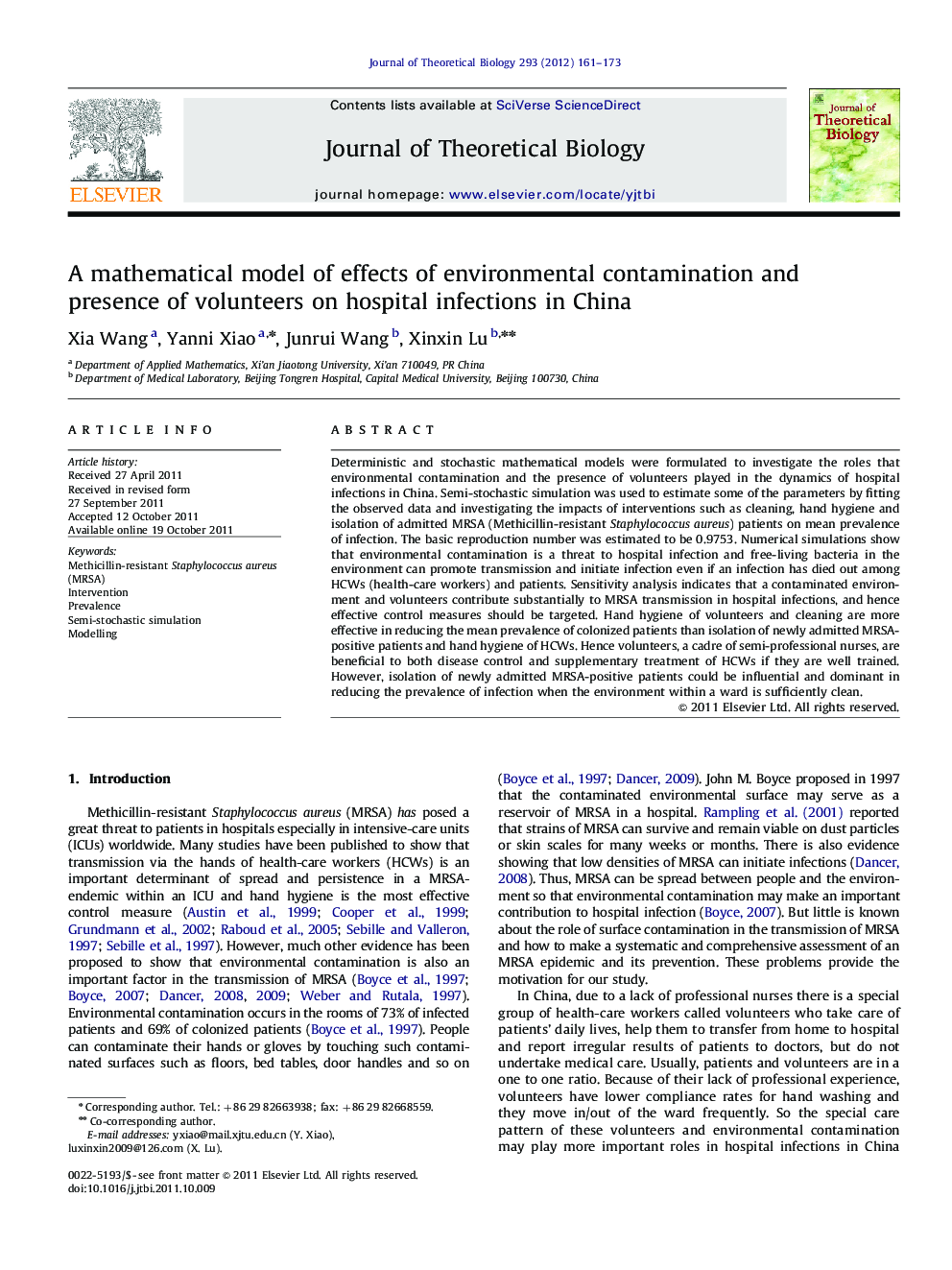 A mathematical model of effects of environmental contamination and presence of volunteers on hospital infections in China