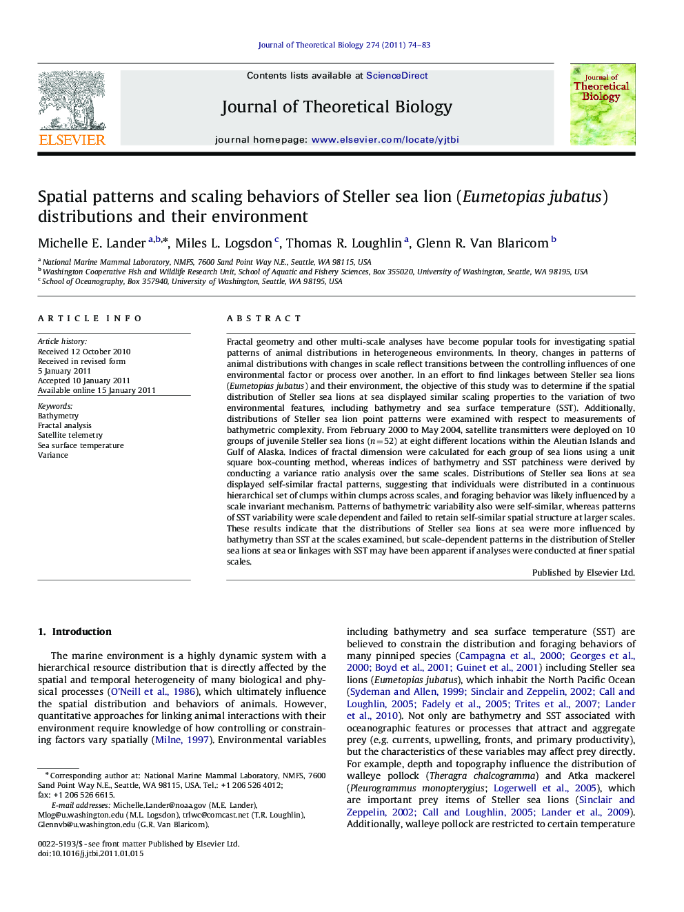 Spatial patterns and scaling behaviors of Steller sea lion (Eumetopias jubatus) distributions and their environment