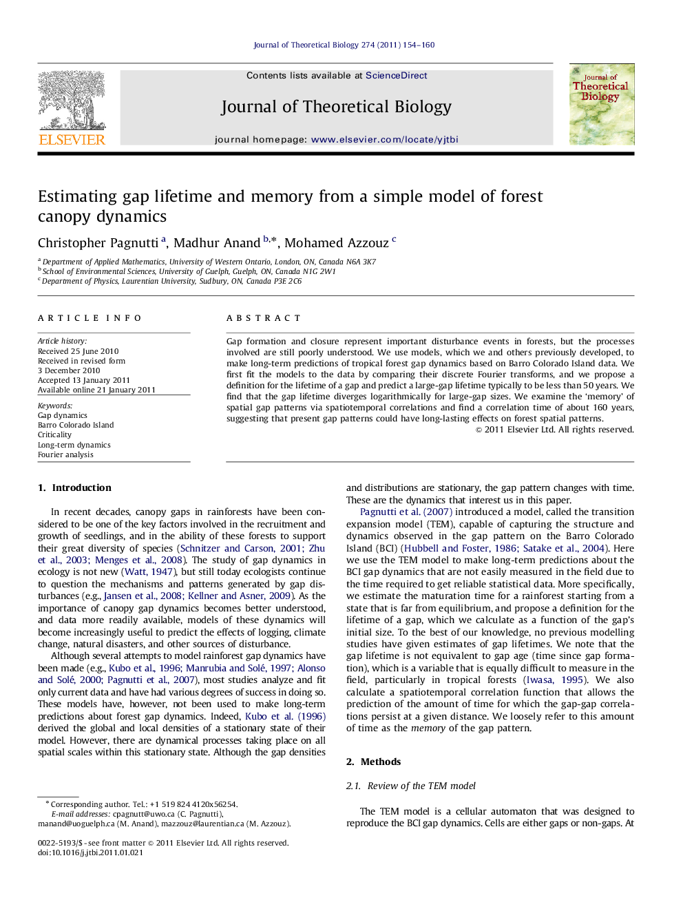 Estimating gap lifetime and memory from a simple model of forest canopy dynamics