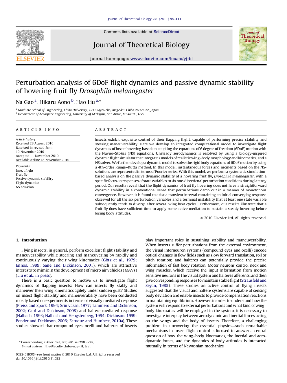 Perturbation analysis of 6DoF flight dynamics and passive dynamic stability of hovering fruit fly Drosophila melanogaster