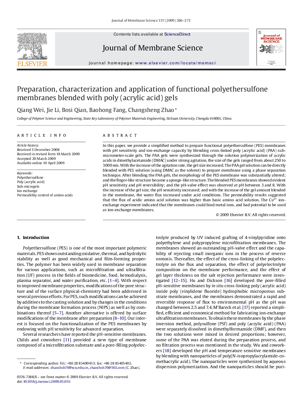 Preparation, characterization and application of functional polyethersulfone membranes blended with poly (acrylic acid) gels