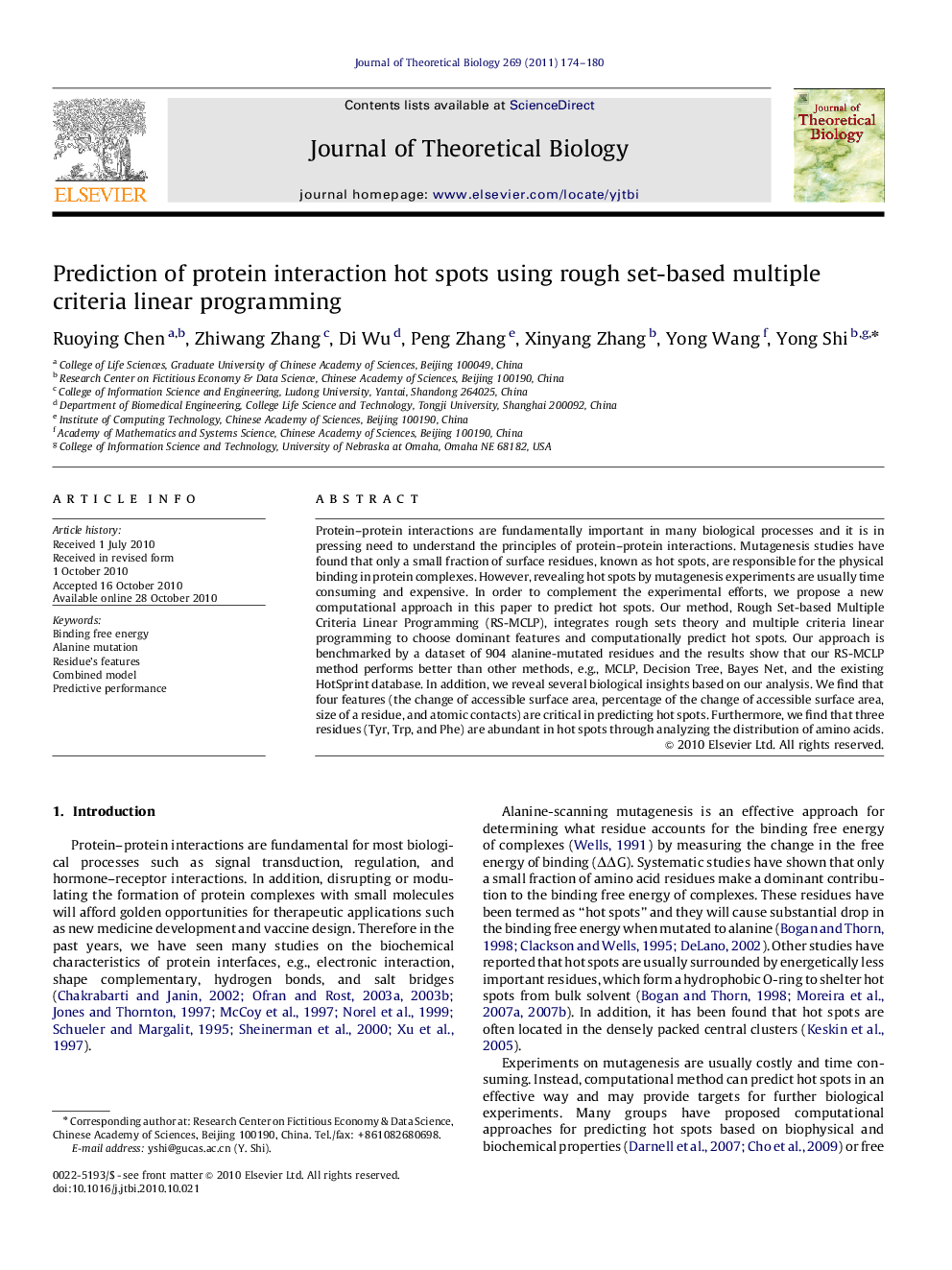 Prediction of protein interaction hot spots using rough set-based multiple criteria linear programming