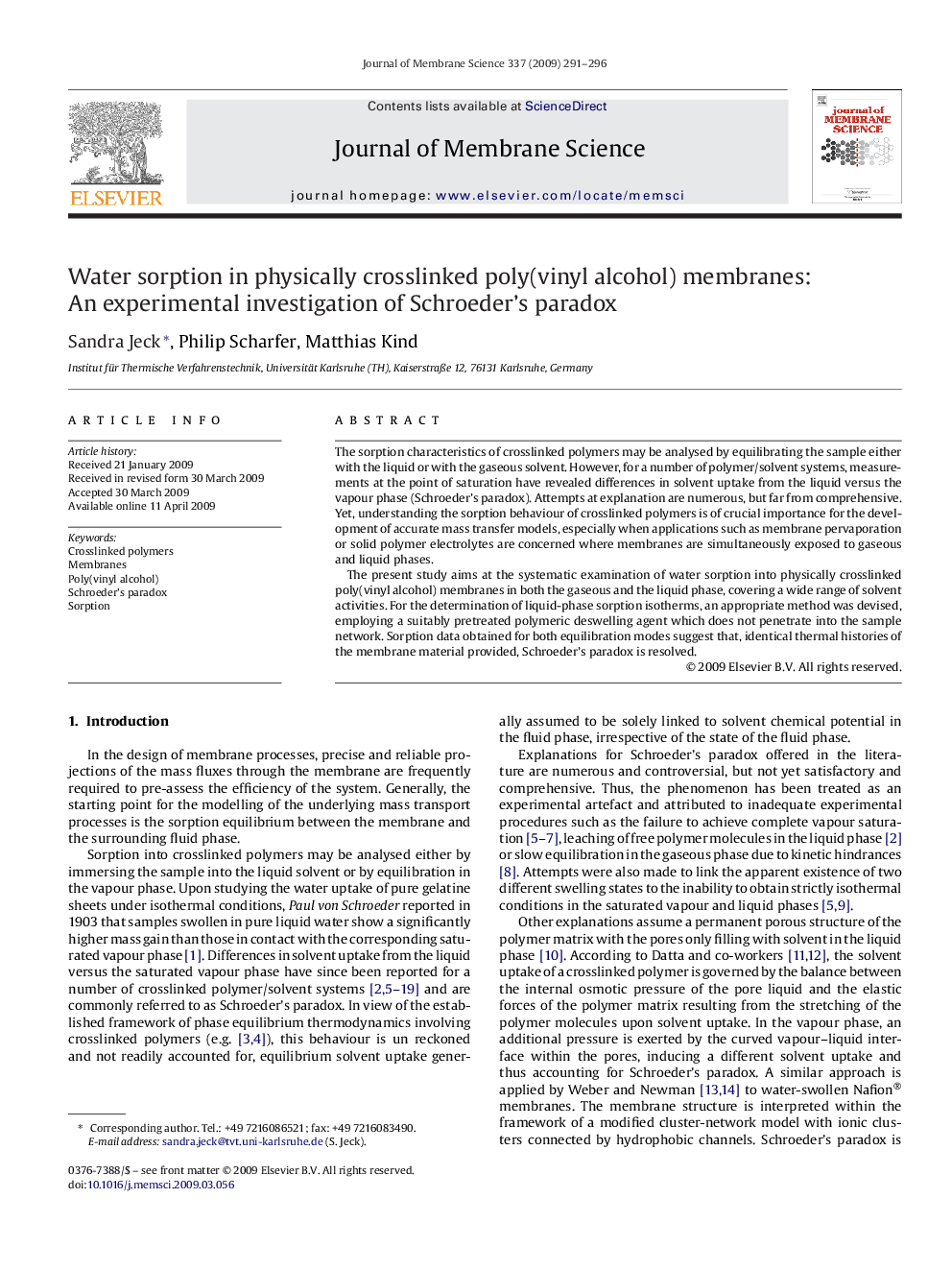 Water sorption in physically crosslinked poly(vinyl alcohol) membranes: An experimental investigation of Schroeder's paradox