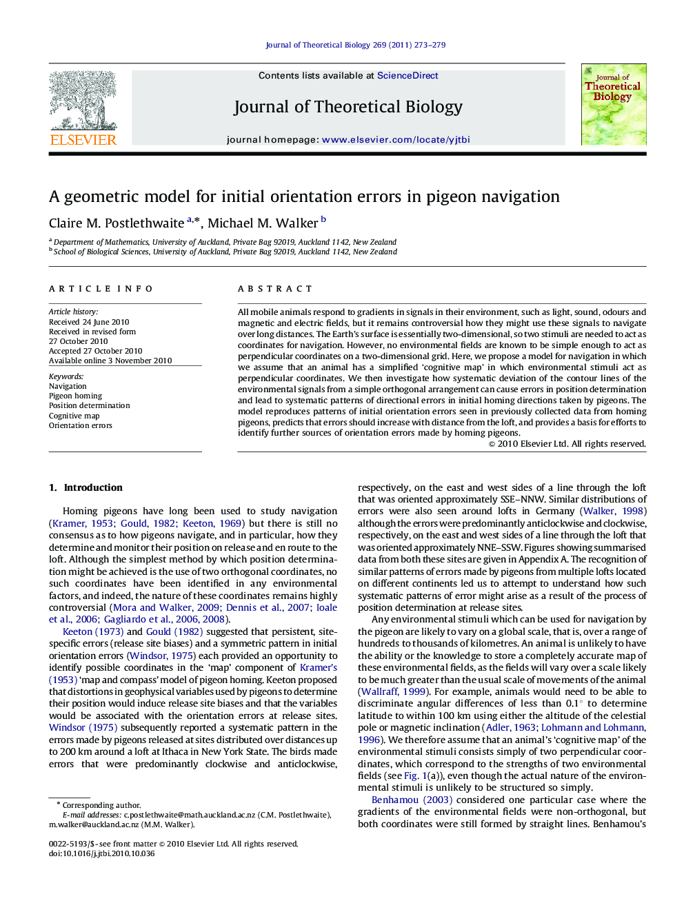 A geometric model for initial orientation errors in pigeon navigation