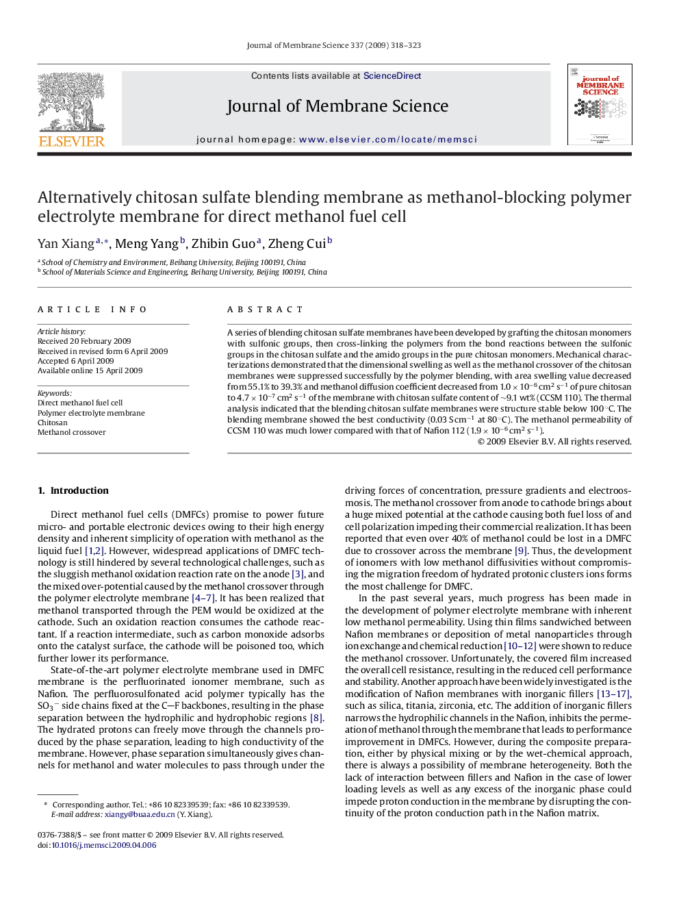 Alternatively chitosan sulfate blending membrane as methanol-blocking polymer electrolyte membrane for direct methanol fuel cell