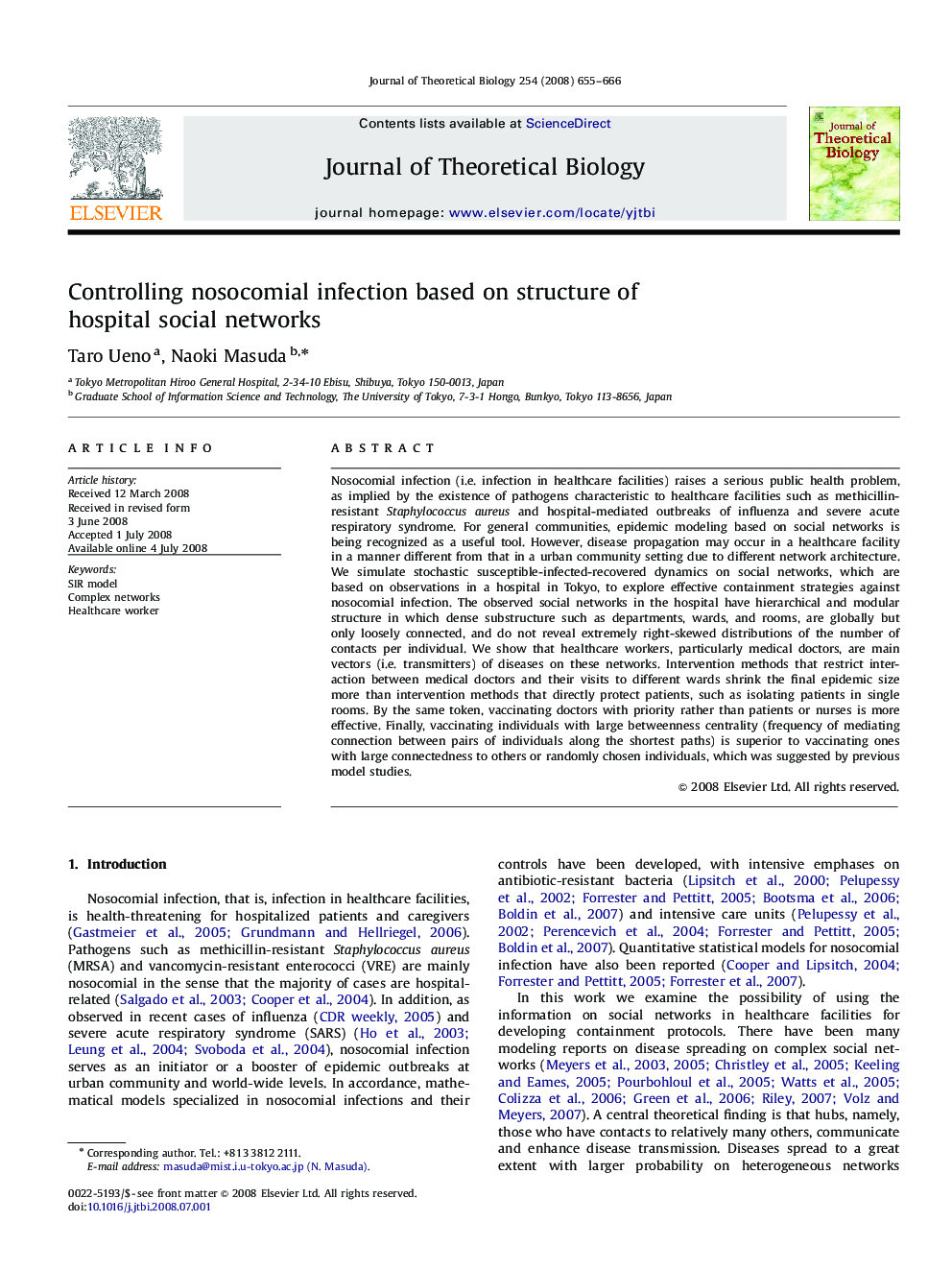 Controlling nosocomial infection based on structure of hospital social networks