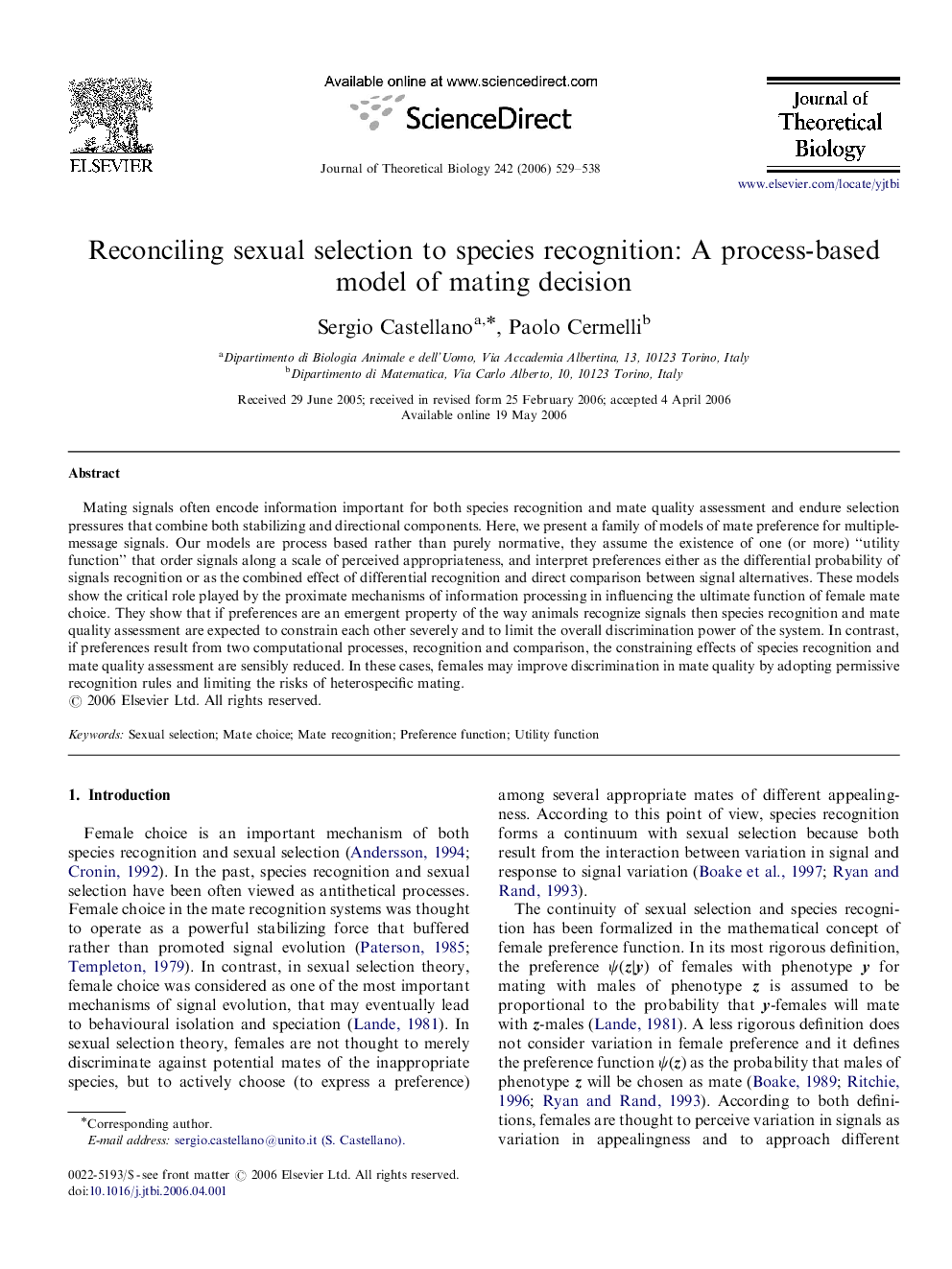 Reconciling sexual selection to species recognition: A process-based model of mating decision