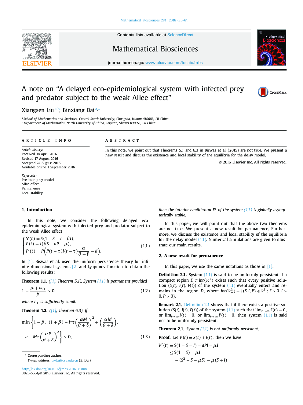 A note on “A delayed eco-epidemiological system with infected prey and predator subject to the weak Allee effect”