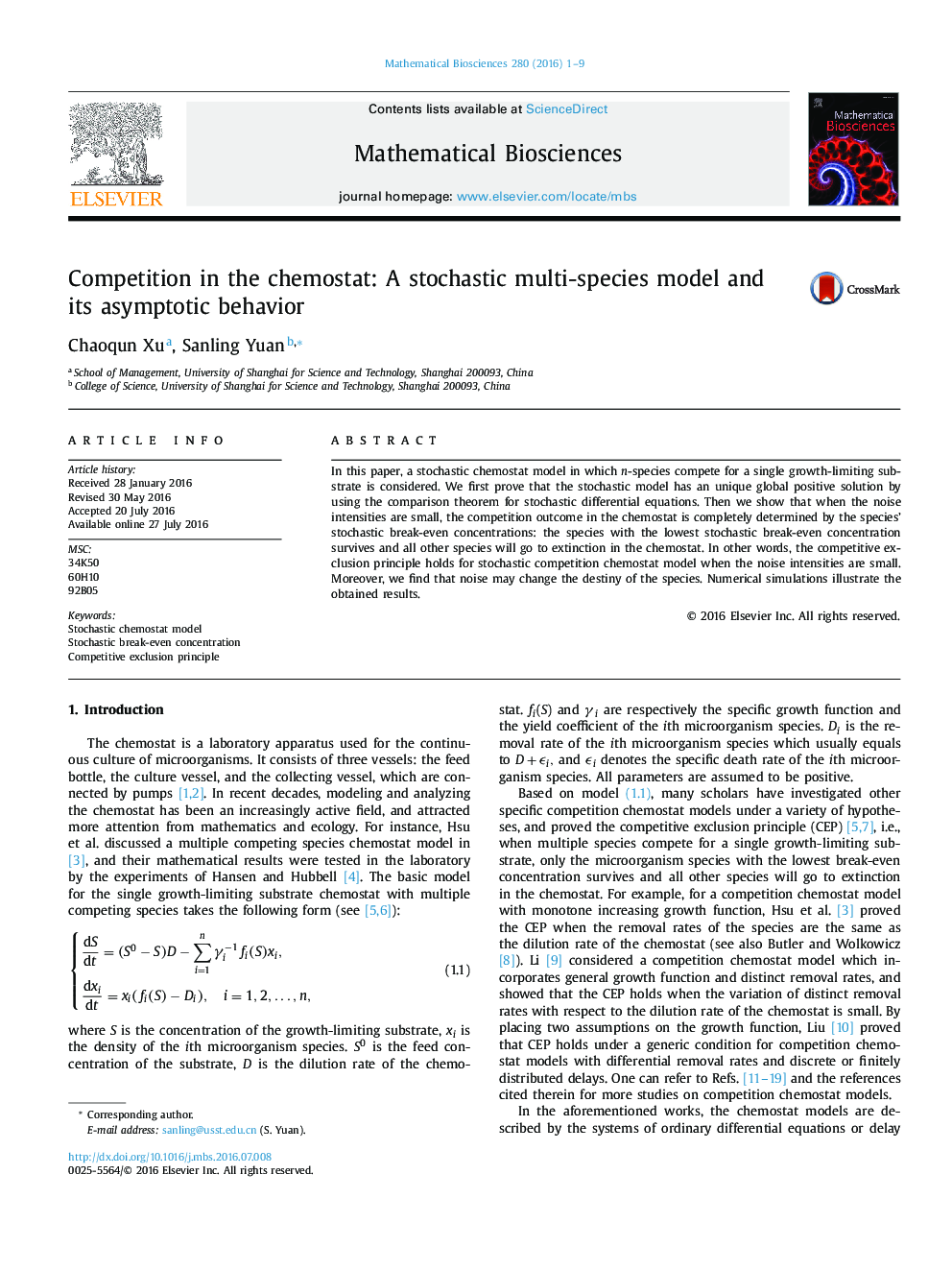 Competition in the chemostat: A stochastic multi-species model and its asymptotic behavior