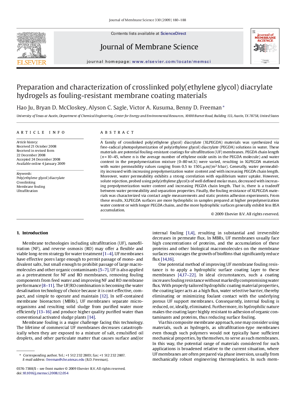 Preparation and characterization of crosslinked poly(ethylene glycol) diacrylate hydrogels as fouling-resistant membrane coating materials