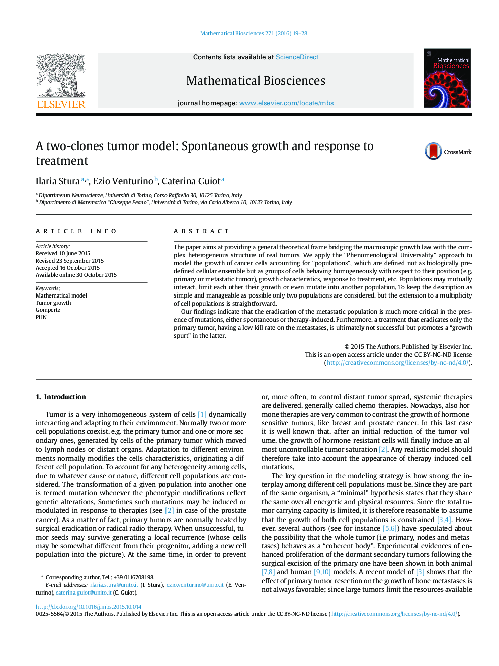 A two-clones tumor model: Spontaneous growth and response to treatment