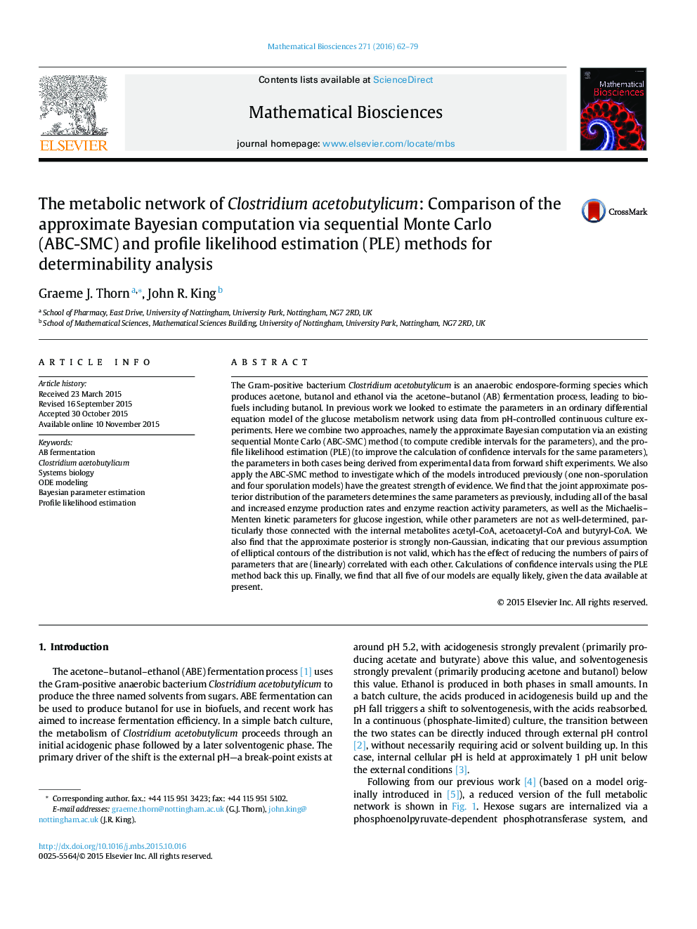 The metabolic network of Clostridium acetobutylicum: Comparison of the approximate Bayesian computation via sequential Monte Carlo (ABC-SMC) and profile likelihood estimation (PLE) methods for determinability analysis