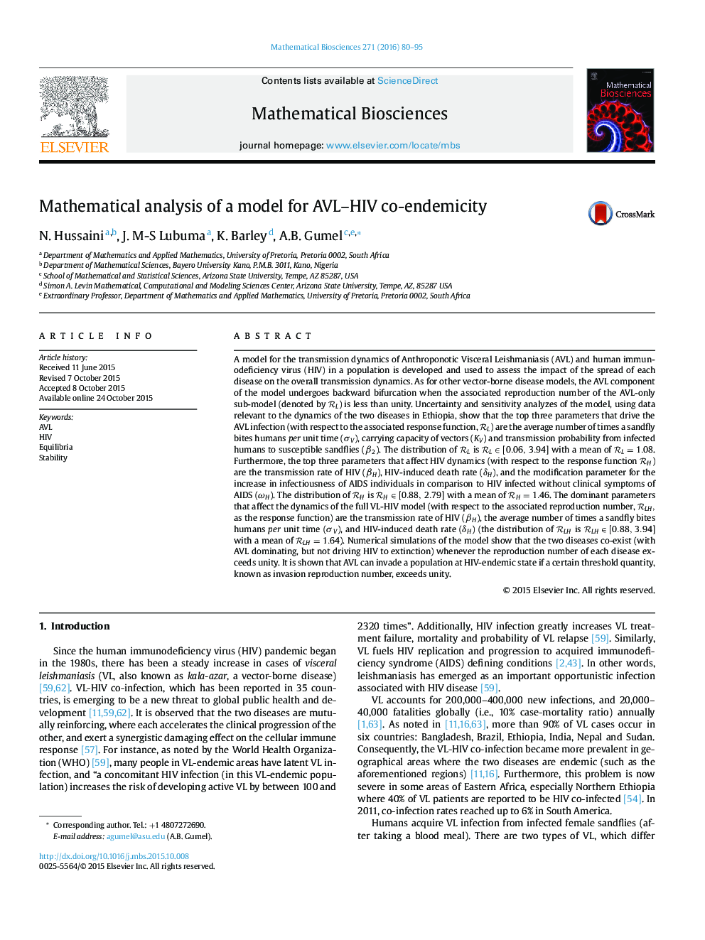 Mathematical analysis of a model for AVL-HIV co-endemicity