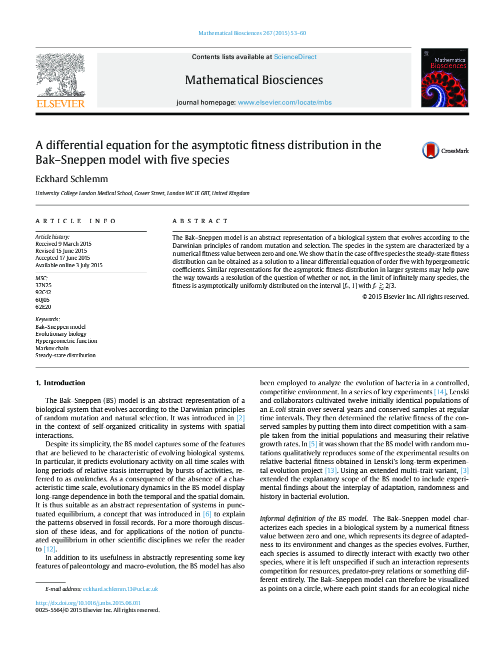 A differential equation for the asymptotic fitness distribution in the Bak-Sneppen model with five species