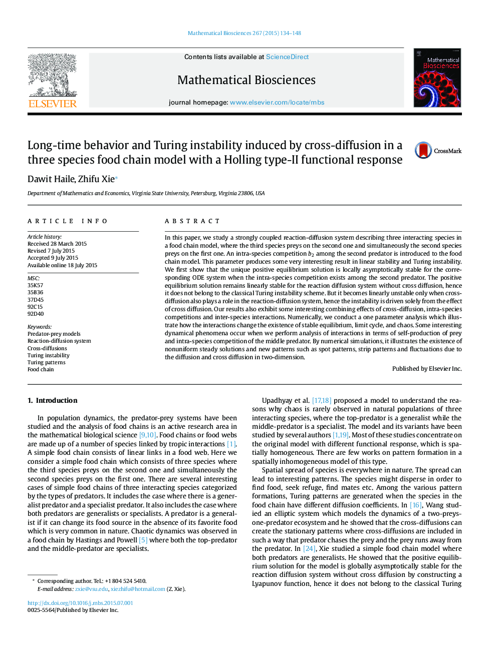 Long-time behavior and Turing instability induced by cross-diffusion in a three species food chain model with a Holling type-II functional response