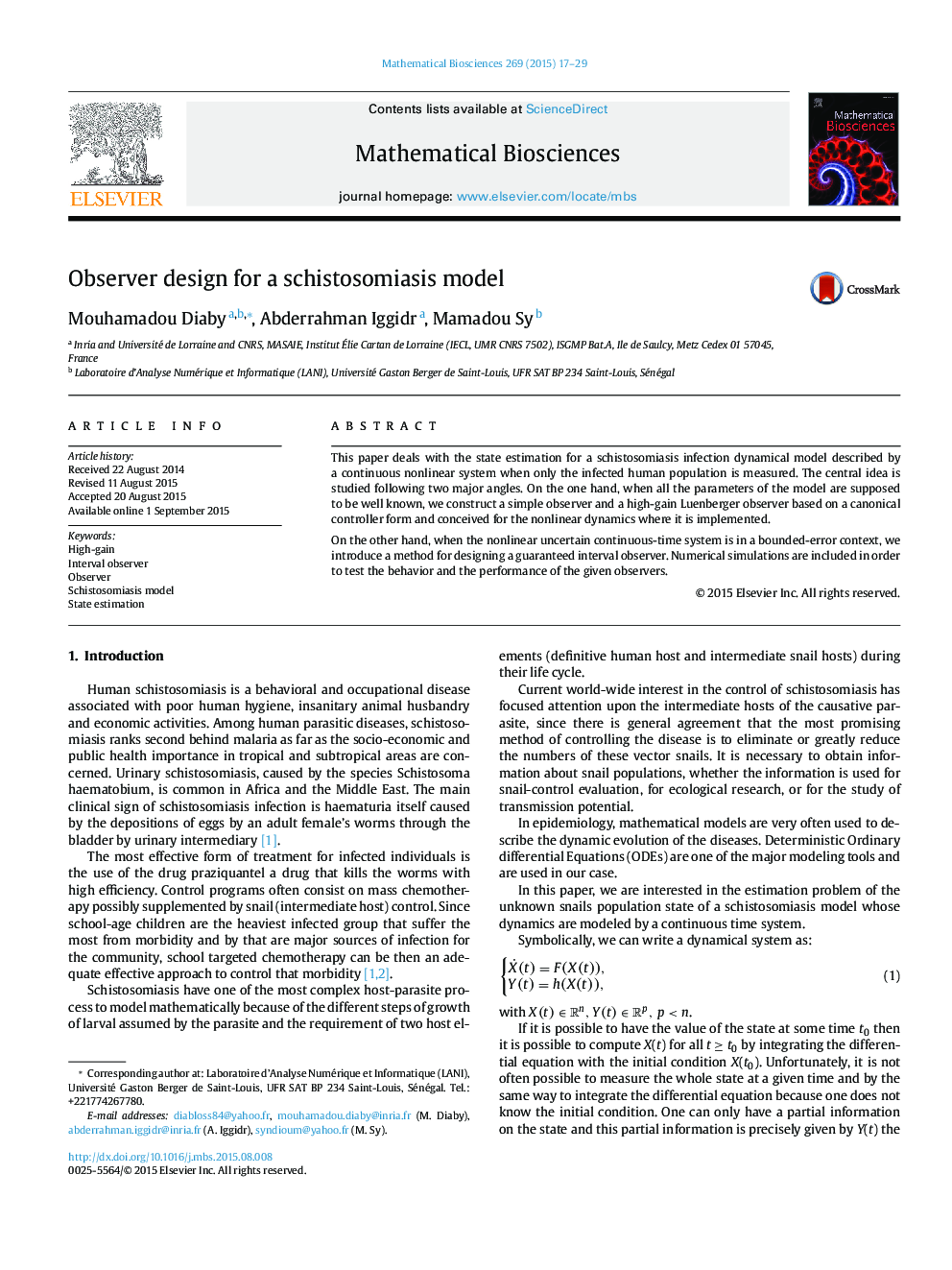 Observer design for a schistosomiasis model