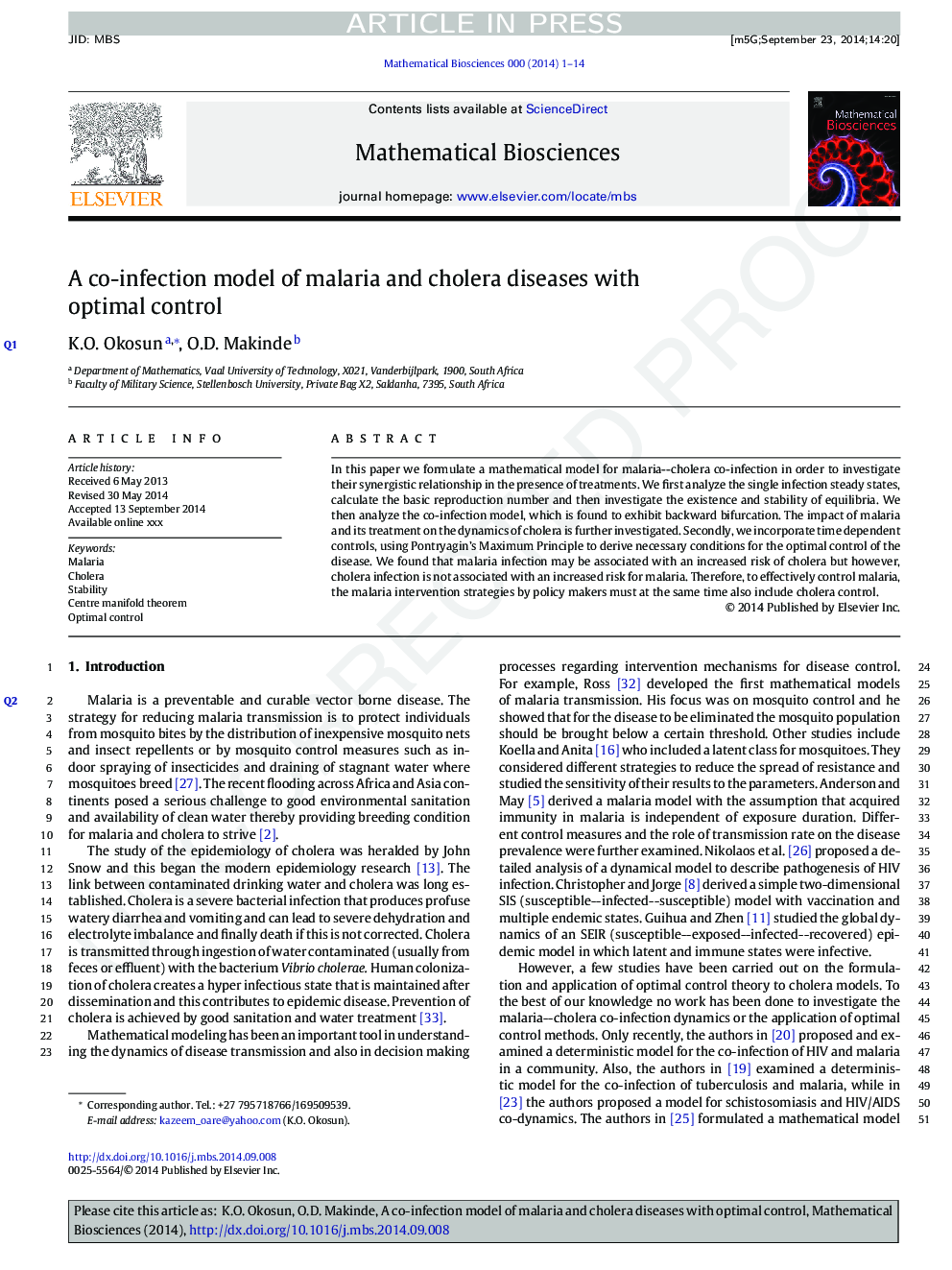 A co-infection model of malaria and cholera diseases with optimal control