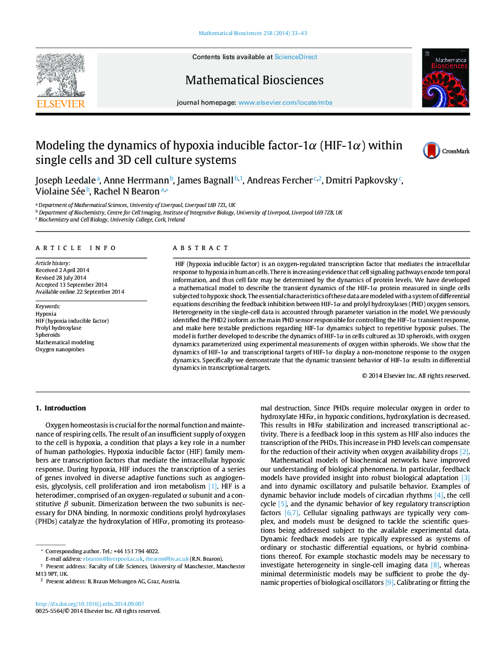 Modeling the dynamics of hypoxia inducible factor-1Î± (HIF-1Î±) within single cells and 3D cell culture systems