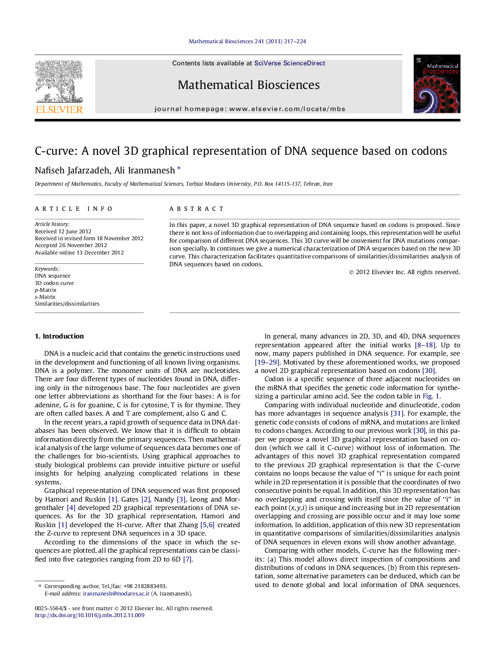 C-curve: A novel 3D graphical representation of DNA sequence based on codons