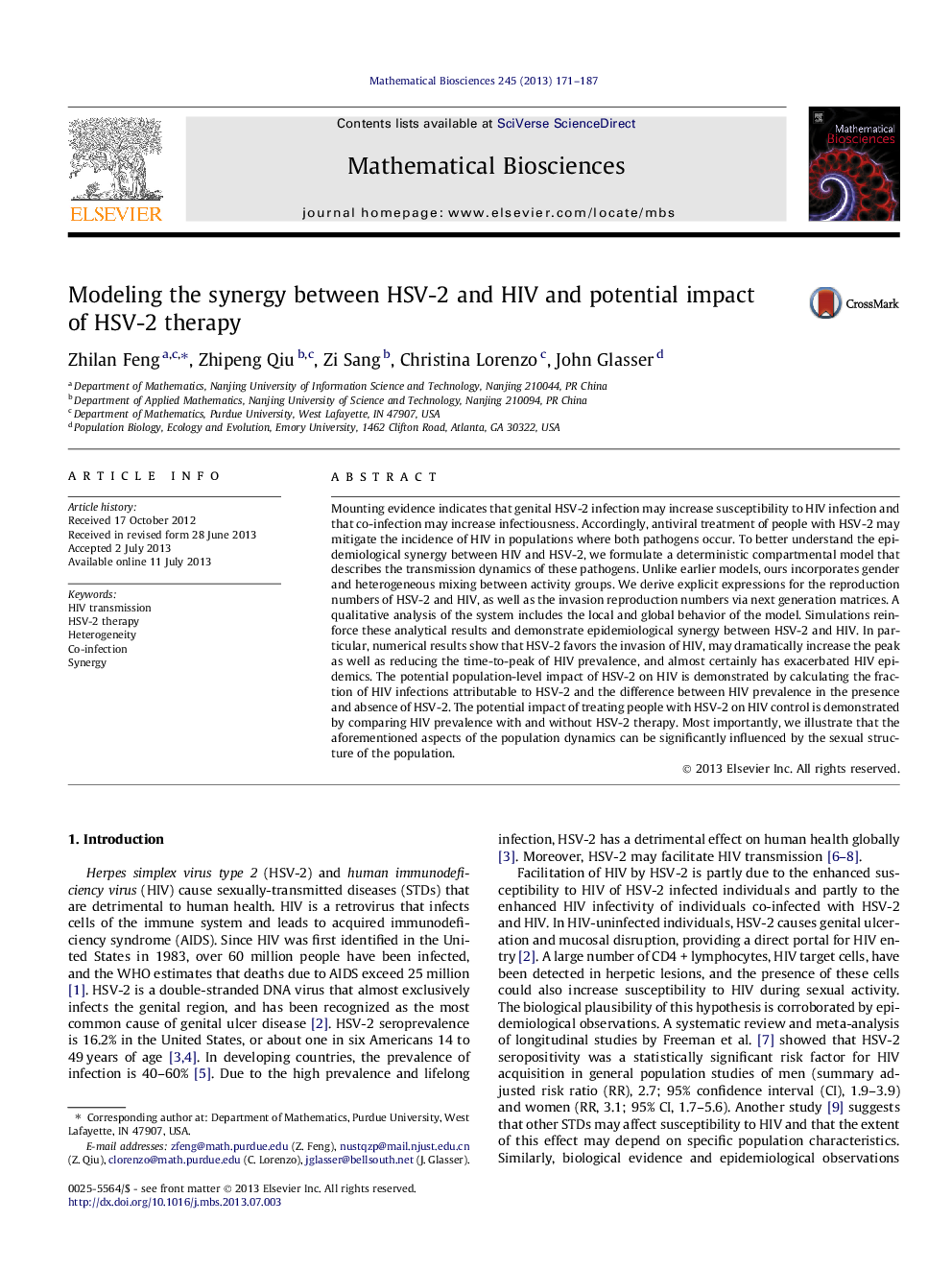 Modeling the synergy between HSV-2 and HIV and potential impact of HSV-2 therapy