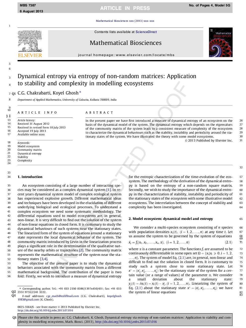 Dynamical entropy via entropy of non-random matrices: Application to stability and complexity in modelling ecosystems