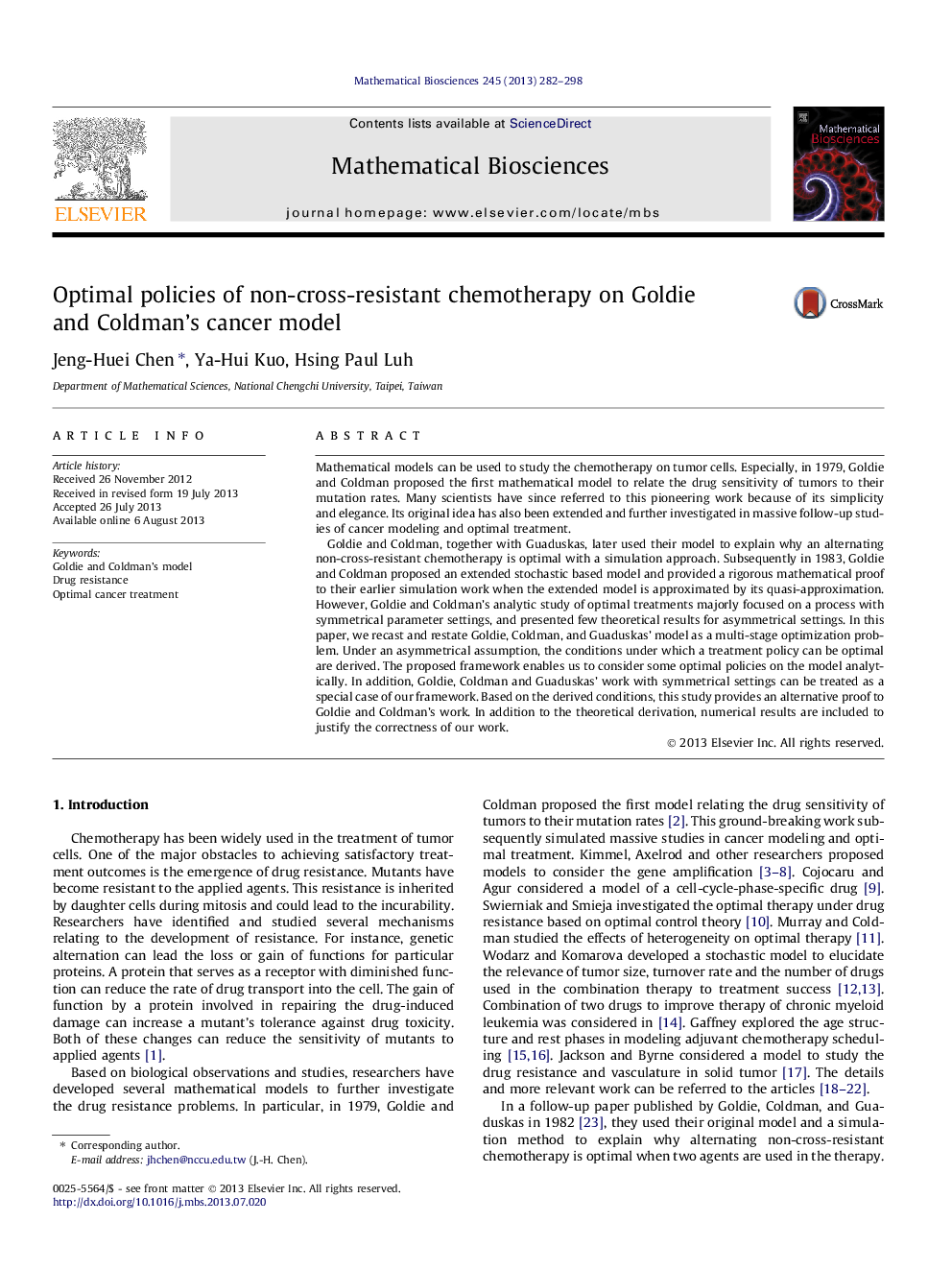 Optimal policies of non-cross-resistant chemotherapy on Goldie and Coldman's cancer model