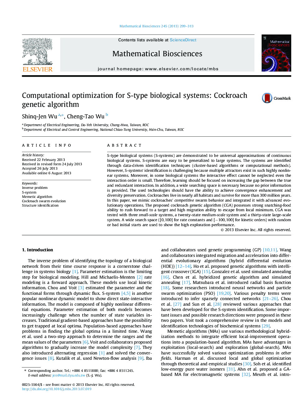 Computational optimization for S-type biological systems: Cockroach genetic algorithm