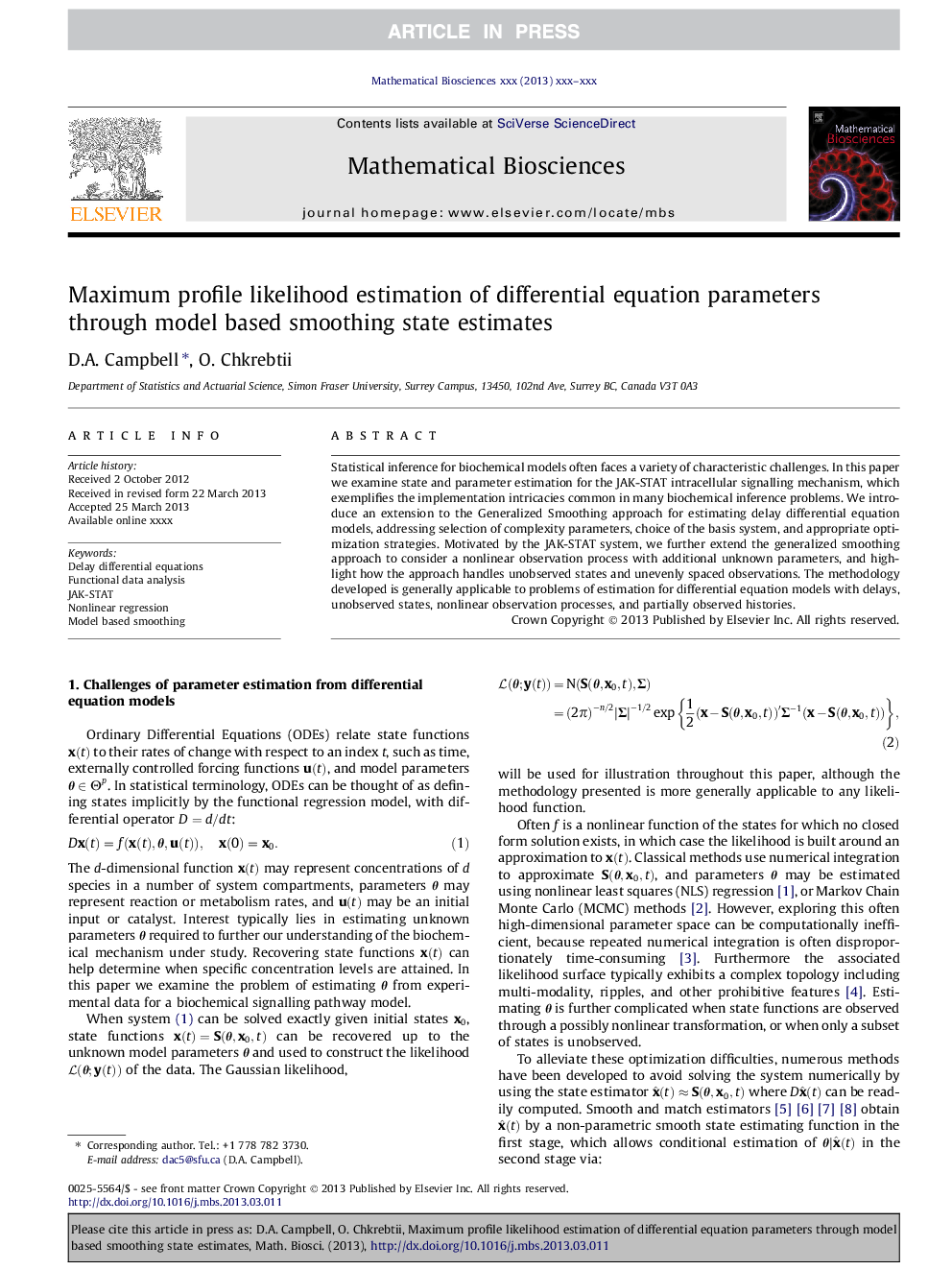 Maximum profile likelihood estimation of differential equation parameters through model based smoothing state estimates