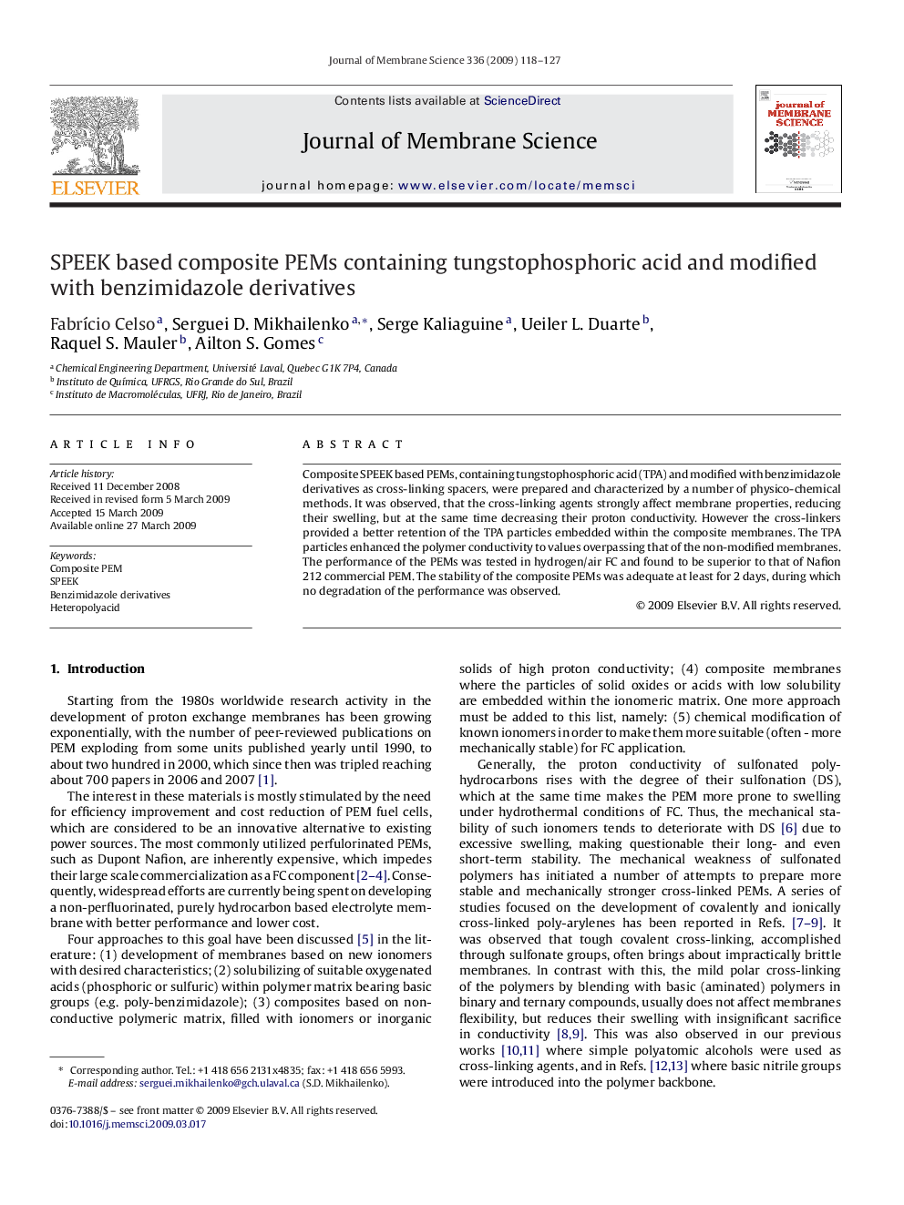 SPEEK based composite PEMs containing tungstophosphoric acid and modified with benzimidazole derivatives