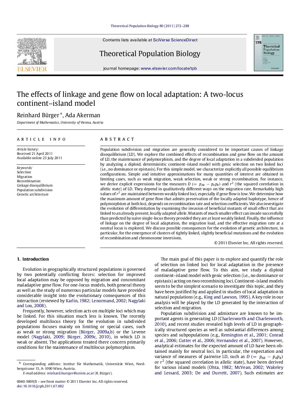 The effects of linkage and gene flow on local adaptation: A two-locus continent-island model