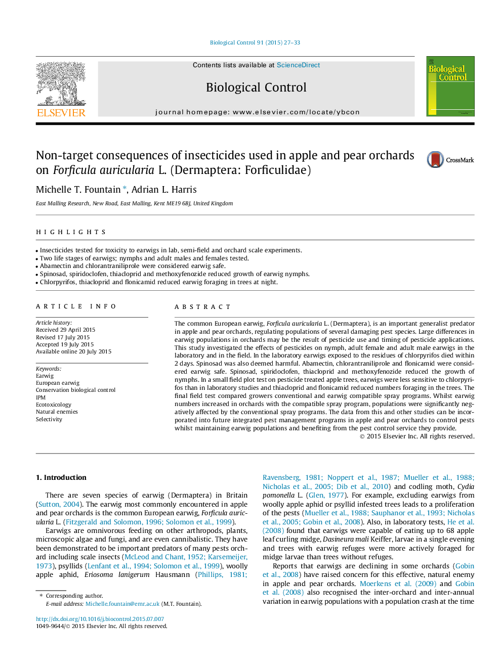 Non-target consequences of insecticides used in apple and pear orchards on Forficula auricularia L. (Dermaptera: Forficulidae)