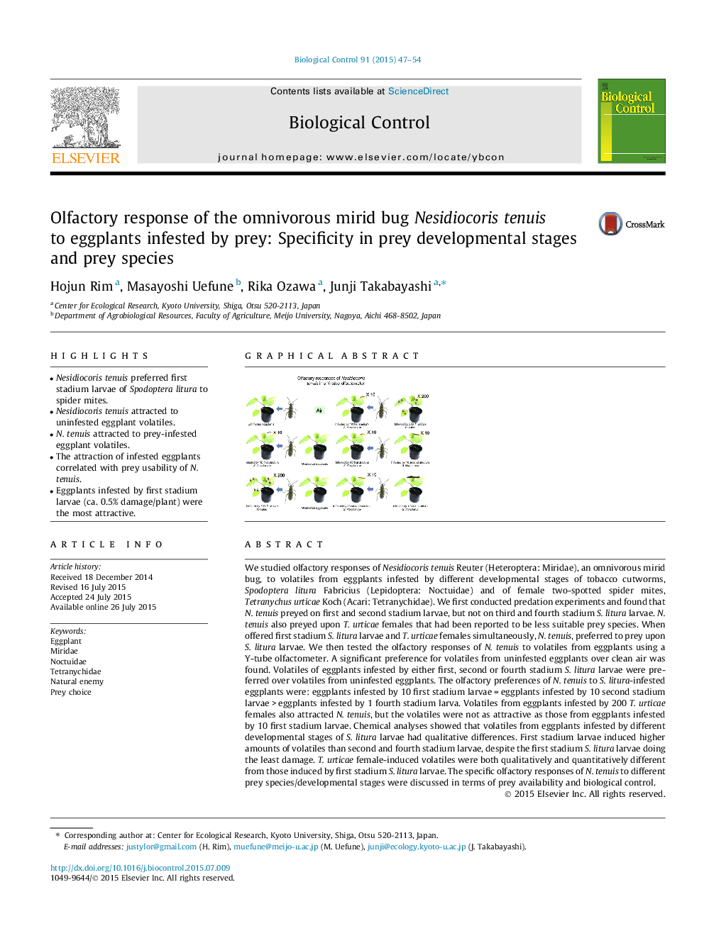 Olfactory response of the omnivorous mirid bug Nesidiocoris tenuis to eggplants infested by prey: Specificity in prey developmental stages and prey species