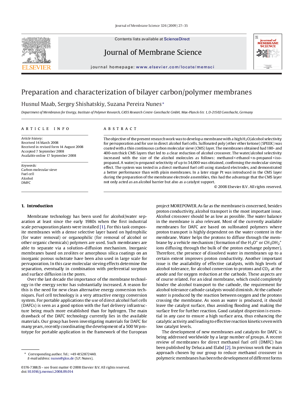 Preparation and characterization of bilayer carbon/polymer membranes