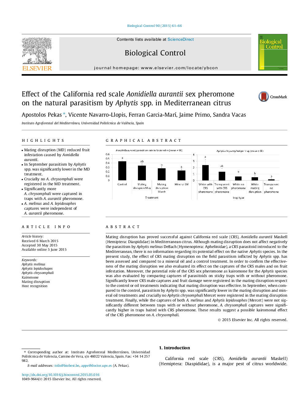 Effect of the California red scale Aonidiella aurantii sex pheromone on the natural parasitism by Aphytis spp. in Mediterranean citrus