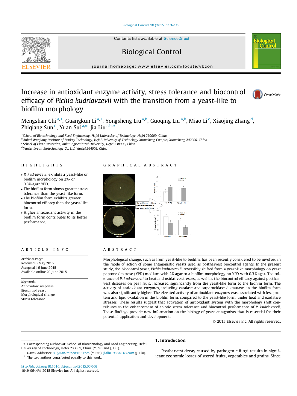 Increase in antioxidant enzyme activity, stress tolerance and biocontrol efficacy of Pichia kudriavzevii with the transition from a yeast-like to biofilm morphology