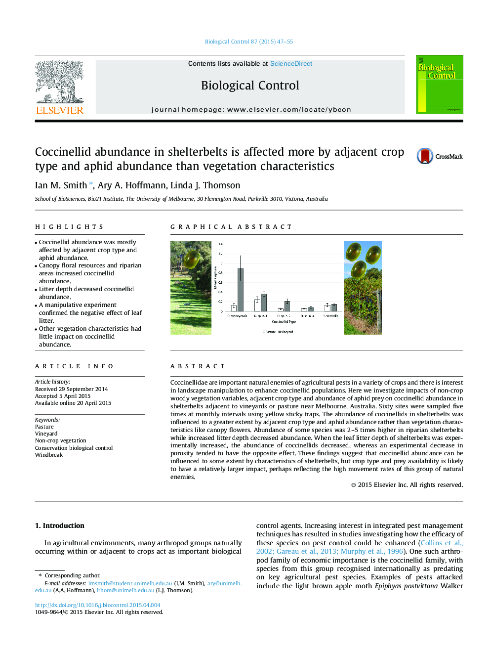 Coccinellid abundance in shelterbelts is affected more by adjacent crop type and aphid abundance than vegetation characteristics