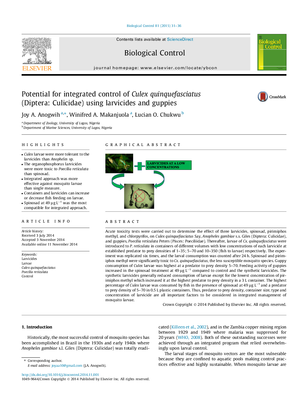 Potential for integrated control of Culex quinquefasciatus (Diptera: Culicidae) using larvicides and guppies