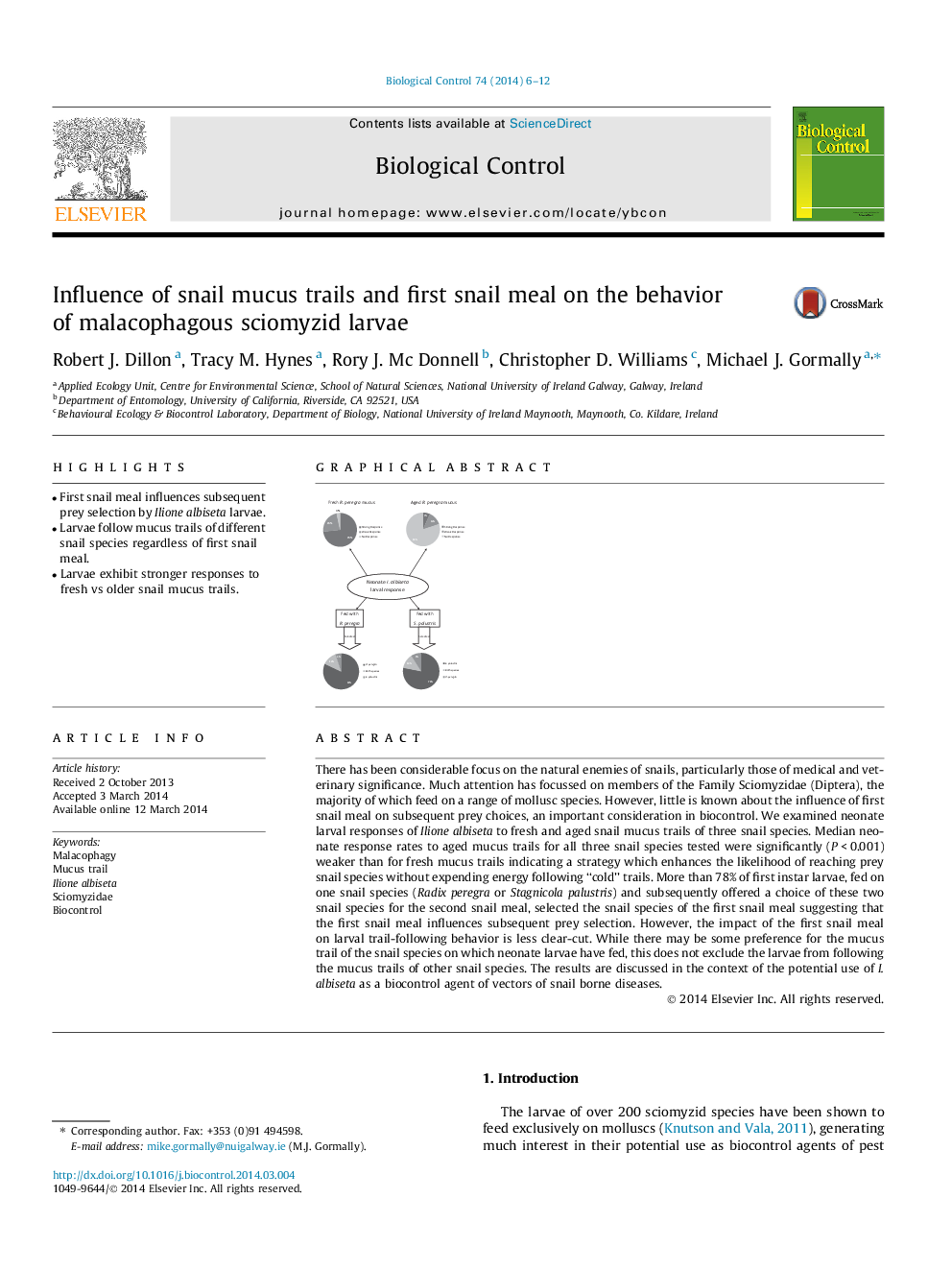 Influence of snail mucus trails and first snail meal on the behavior of malacophagous sciomyzid larvae