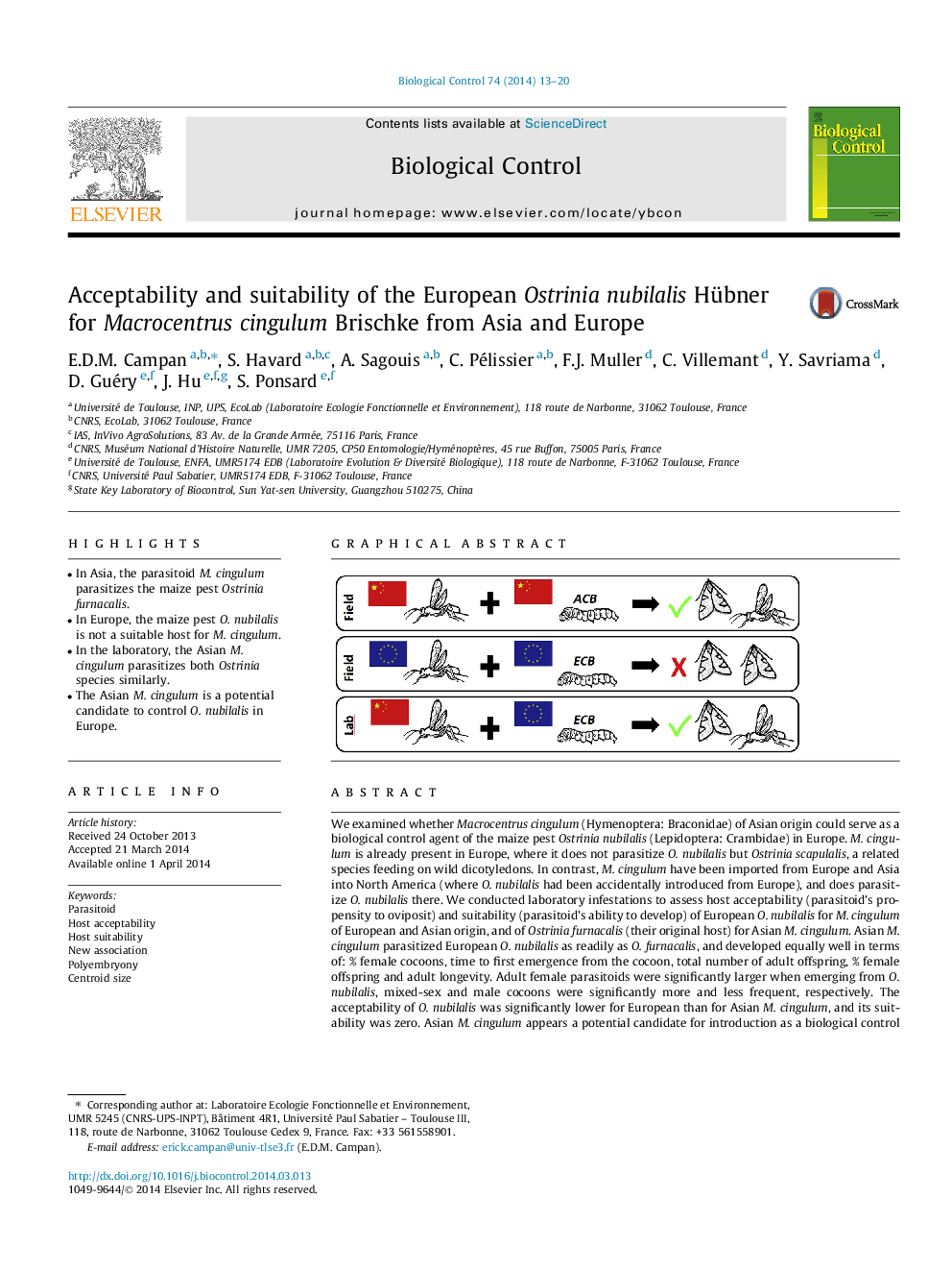 Acceptability and suitability of the European Ostrinia nubilalis Hübner for Macrocentrus cingulum Brischke from Asia and Europe