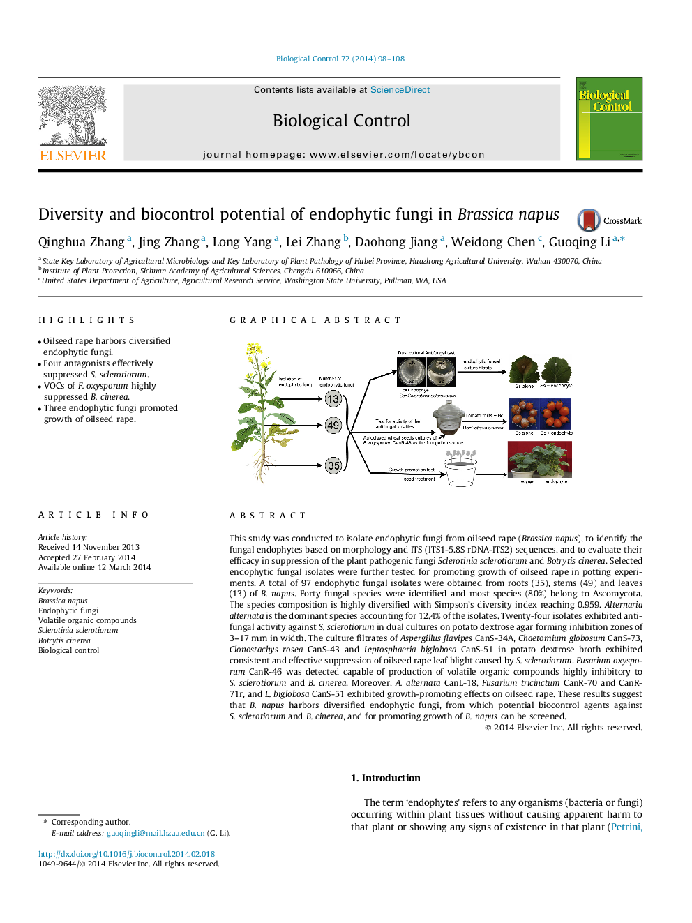 Diversity and biocontrol potential of endophytic fungi in Brassica napus