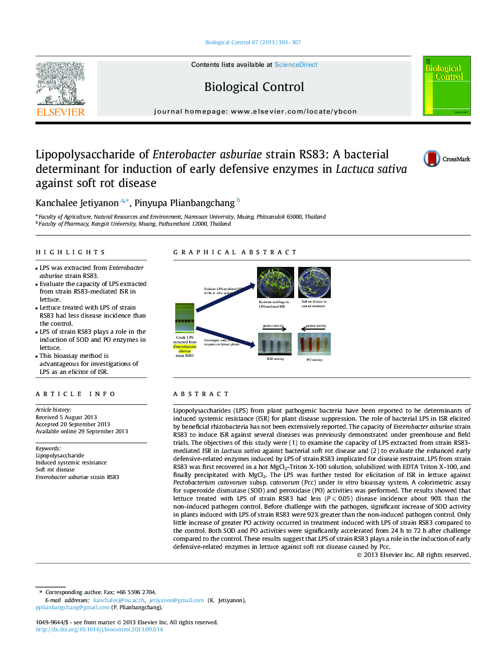 Lipopolysaccharide of Enterobacter asburiae strain RS83: A bacterial determinant for induction of early defensive enzymes in Lactuca sativa against soft rot disease