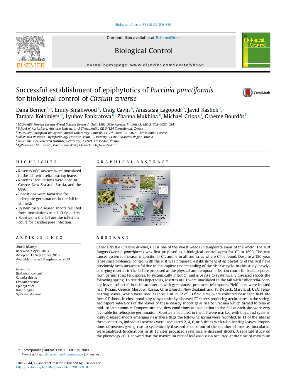 Successful establishment of epiphytotics of Puccinia punctiformis for biological control of Cirsium arvense