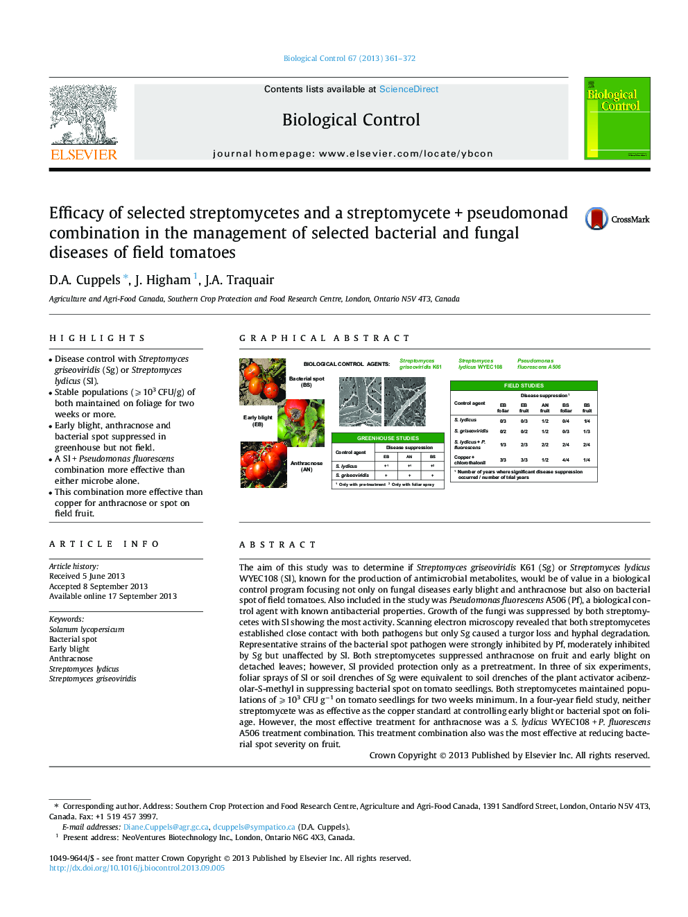 Efficacy of selected streptomycetes and a streptomyceteÂ +Â pseudomonad combination in the management of selected bacterial and fungal diseases of field tomatoes