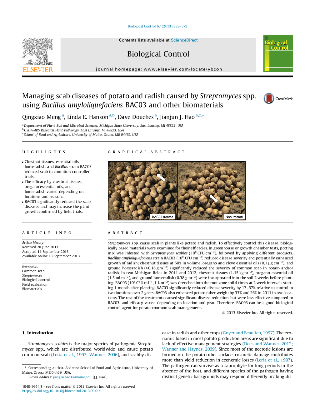 Managing scab diseases of potato and radish caused by Streptomyces spp. using Bacillus amyloliquefaciens BAC03 and other biomaterials