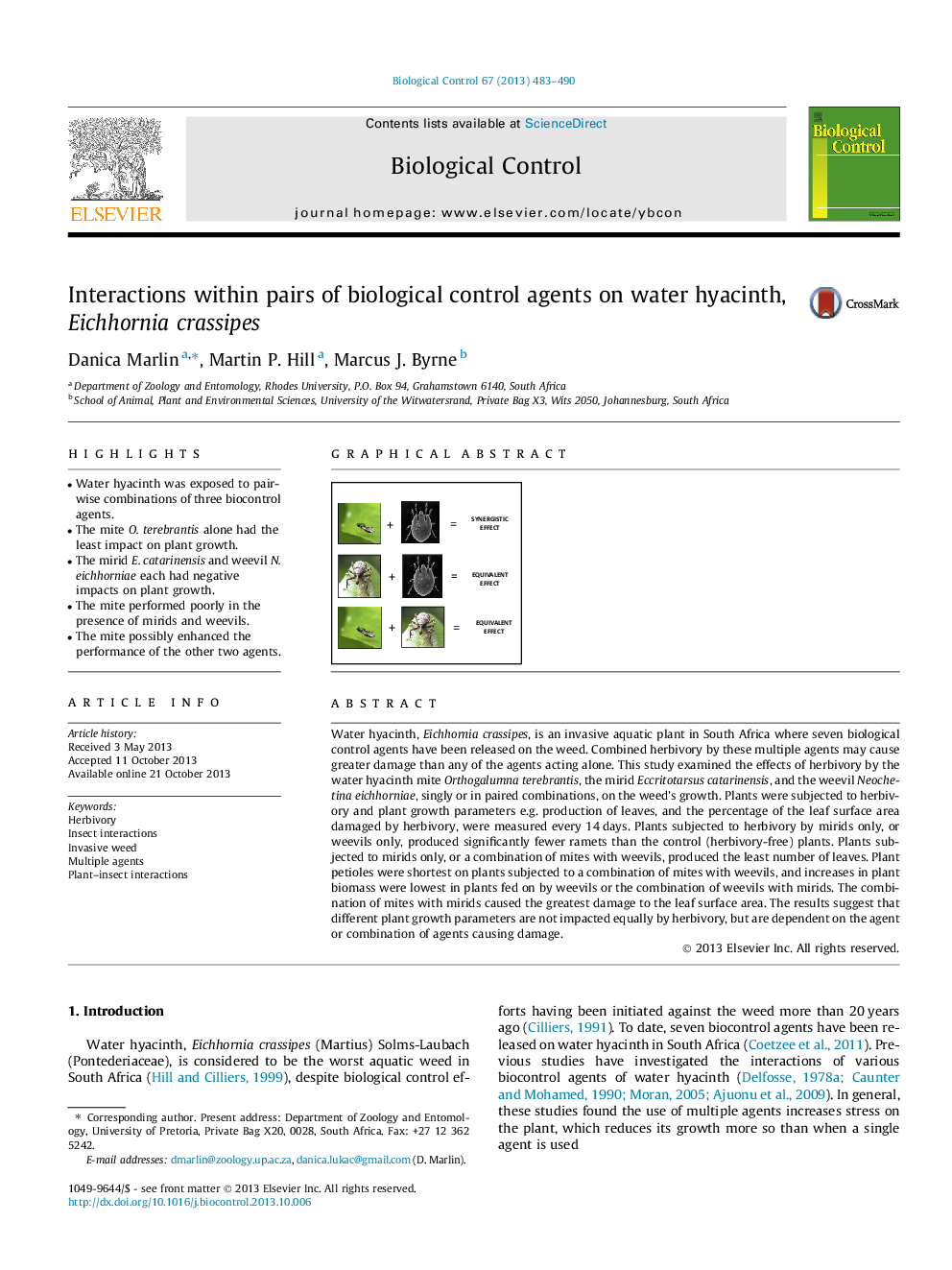 Interactions within pairs of biological control agents on water hyacinth, Eichhornia crassipes