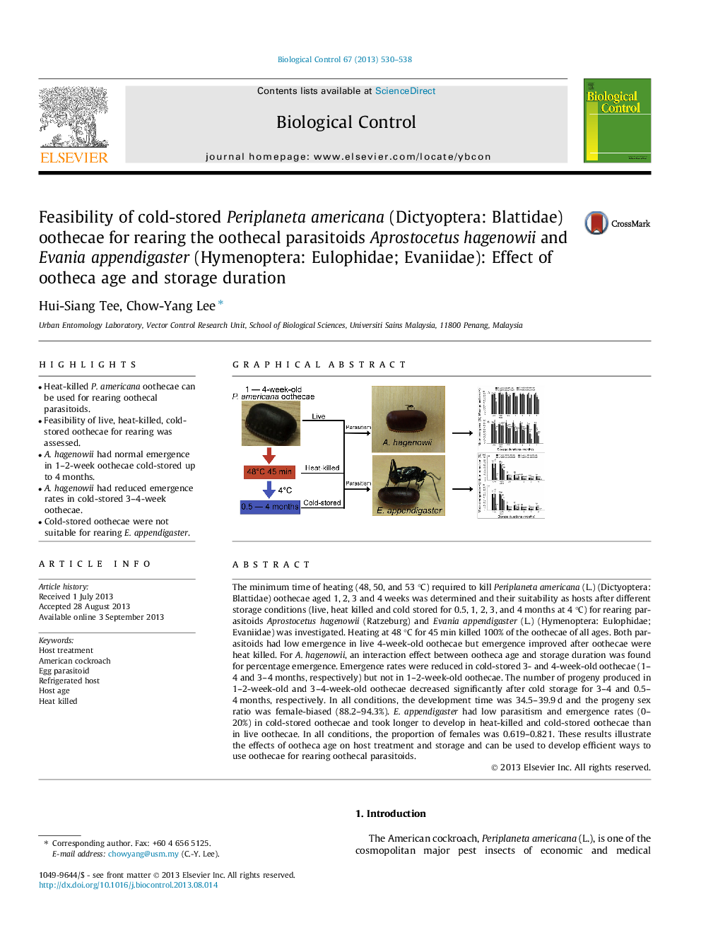 Feasibility of cold-stored Periplaneta americana (Dictyoptera: Blattidae) oothecae for rearing the oothecal parasitoids Aprostocetus hagenowii and Evania appendigaster (Hymenoptera: Eulophidae; Evaniidae): Effect of ootheca age and storage duration