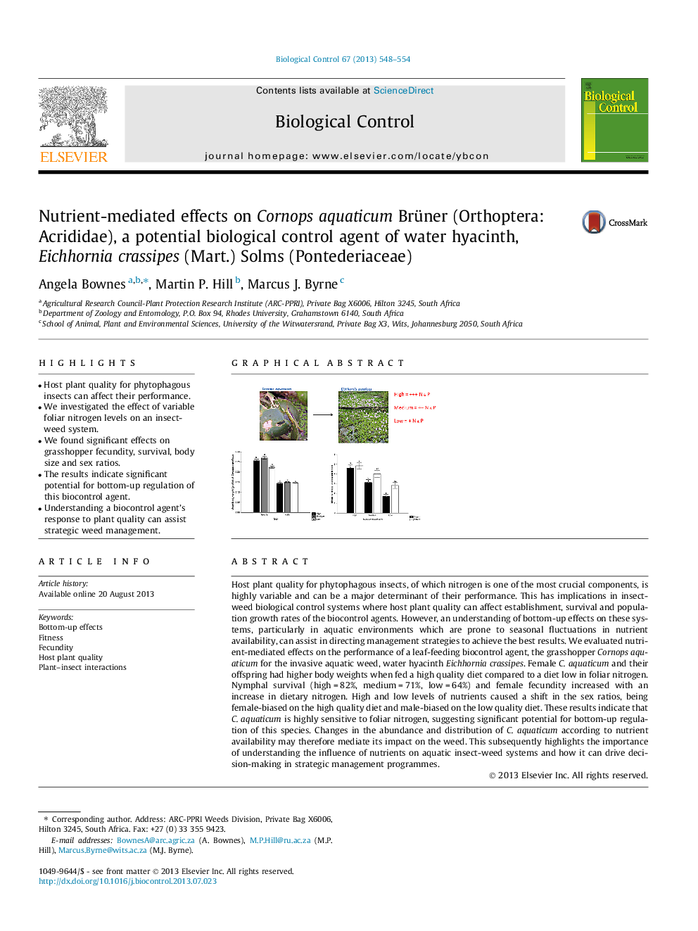 Nutrient-mediated effects on Cornops aquaticum Brüner (Orthoptera: Acrididae), a potential biological control agent of water hyacinth, Eichhornia crassipes (Mart.) Solms (Pontederiaceae)